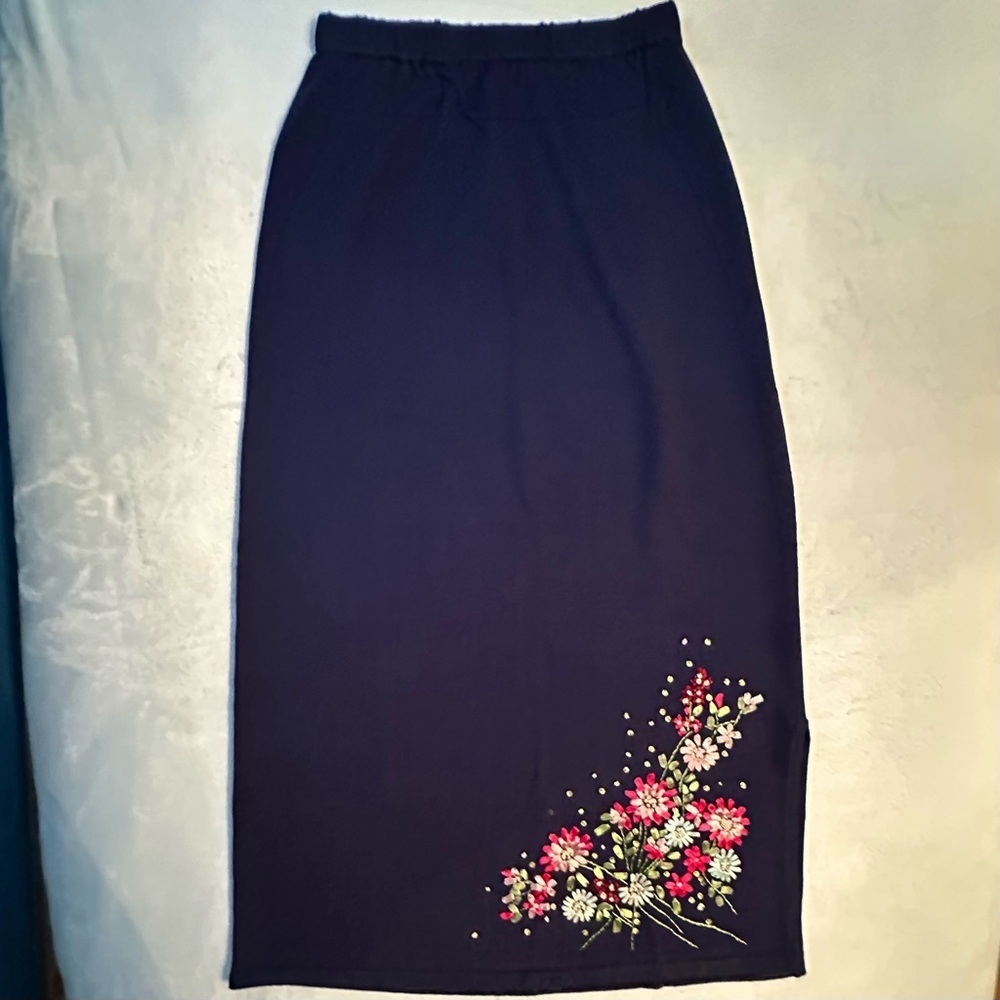 Vintage Carol Patterson Knit Blue Maxi Skirt S Embroidered Floral Navy Linen NWT